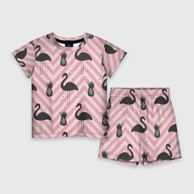 Детский костюм с шортами 3D с принтом Черный фламинго ,  |  | animal | bird | flamingo | pink | pnik flamingo | животные | птицы | розовый | розовый фламинго | фламинго