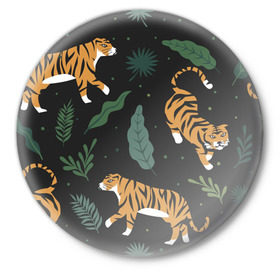 Значок с принтом Тропический тигр ,  металл | круглая форма, металлическая застежка в виде булавки | Тематика изображения на принте: tiger | гепард | дикие кошки | животные | кот | кошки | пантера | тигр | тигры