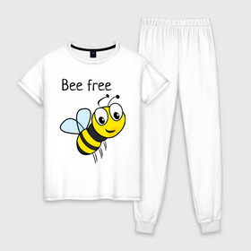 Женская пижама хлопок с принтом Bee free , 100% хлопок | брюки и футболка прямого кроя, без карманов, на брюках мягкая резинка на поясе и по низу штанин | azmart | bee free