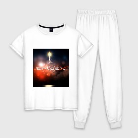 Женская пижама хлопок с принтом Elon Musk - SpaceX , 100% хлопок | брюки и футболка прямого кроя, без карманов, на брюках мягкая резинка на поясе и по низу штанин | 