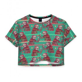 Женская футболка Cropp-top с принтом Рождественские Ленивцы , 100% полиэстер | круглая горловина, длина футболки до линии талии, рукава с отворотами | 