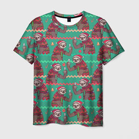 Мужская футболка 3D с принтом Рождественские Ленивцы , 100% полиэфир | прямой крой, круглый вырез горловины, длина до линии бедер | 