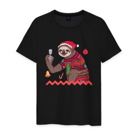 Мужская футболка хлопок с принтом Рождественский Ленивец , 100% хлопок | прямой крой, круглый вырез горловины, длина до линии бедер, слегка спущенное плечо. | Тематика изображения на принте: 