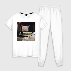 Женская пижама хлопок с принтом мемная картинка с котом , 100% хлопок | брюки и футболка прямого кроя, без карманов, на брюках мягкая резинка на поясе и по низу штанин | кот | котэ | кошка | мем | прикол | фотография