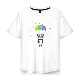 Мужская футболка хлопок Oversize с принтом Панда на парашюте , 100% хлопок | свободный крой, круглый ворот, “спинка” длиннее передней части | панда | панда на парашюте | рисунок | сердечки