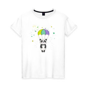 Женская футболка хлопок с принтом Панда на парашюте , 100% хлопок | прямой крой, круглый вырез горловины, длина до линии бедер, слегка спущенное плечо | Тематика изображения на принте: панда | панда на парашюте | рисунок | сердечки