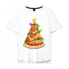 Мужская футболка хлопок Oversize с принтом Новогодняя Пицца , 100% хлопок | свободный крой, круглый ворот, “спинка” длиннее передней части | Тематика изображения на принте: 