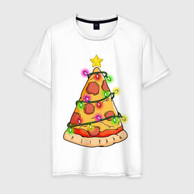 Мужская футболка хлопок с принтом Новогодняя Пицца , 100% хлопок | прямой крой, круглый вырез горловины, длина до линии бедер, слегка спущенное плечо. | 
