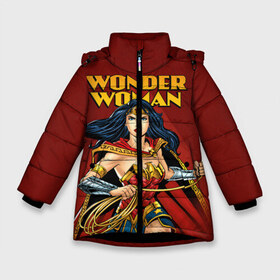 Зимняя куртка для девочек 3D с принтом Wonder Woman , ткань верха — 100% полиэстер; подклад — 100% полиэстер, утеплитель — 100% полиэстер. | длина ниже бедра, удлиненная спинка, воротник стойка и отстегивающийся капюшон. Есть боковые карманы с листочкой на кнопках, утяжки по низу изделия и внутренний карман на молнии. 

Предусмотрены светоотражающий принт на спинке, радужный светоотражающий элемент на пуллере молнии и на резинке для утяжки. | dc comics | justice league | shtatjl | superhero | wonder woman | лига справедливости | чудо женщина