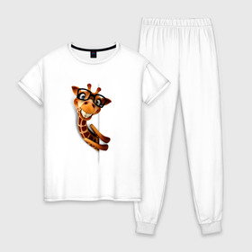 Женская пижама хлопок с принтом Жираф , 100% хлопок | брюки и футболка прямого кроя, без карманов, на брюках мягкая резинка на поясе и по низу штанин | животное | животное в очках | жираф | жираф в очках | забавное | рисунок