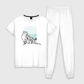 Женская пижама хлопок с принтом Снежный Леопард , 100% хлопок | брюки и футболка прямого кроя, без карманов, на брюках мягкая резинка на поясе и по низу штанин | leopard | snow | winter | зима | леопард | снег | снежный