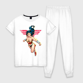 Женская пижама хлопок с принтом Wonder Woman , 100% хлопок | брюки и футболка прямого кроя, без карманов, на брюках мягкая резинка на поясе и по низу штанин | dc comics | justice league | shtatjl | superhero | wonder woman | лига справедливости | чудо женщина