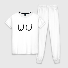 Женская пижама хлопок с принтом Грудь , 100% хлопок | брюки и футболка прямого кроя, без карманов, на брюках мягкая резинка на поясе и по низу штанин | прикол | смешная футболка | юмор