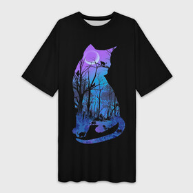 Платье-футболка 3D с принтом Кошка ,  |  | cat | дерево | кошка | лес | луна