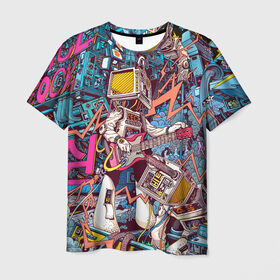 Мужская футболка 3D с принтом Space Hardrock Machine , 100% полиэфир | прямой крой, круглый вырез горловины, длина до линии бедер | Тематика изображения на принте: rock | гитара | космонавт | космос | музыка | робот | рок | хард рок | электроника | электронная музыка