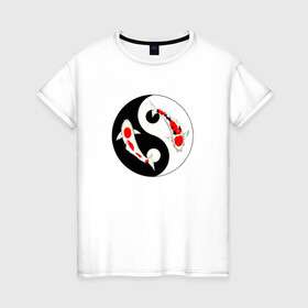 Женская футболка хлопок с принтом Карп Кои (Ин-Янь) , 100% хлопок | прямой крой, круглый вырез горловины, длина до линии бедер, слегка спущенное плечо | инь янь | карп | карп кои | рисунок | рыба | япония