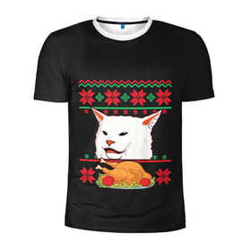 Мужская футболка 3D спортивная с принтом Woman Yelling at Cat , 100% полиэстер с улучшенными характеристиками | приталенный силуэт, круглая горловина, широкие плечи, сужается к линии бедра | cat | cats | christmas | mem | meme | memes | new year | xmas | вязаный | женщина | кот | кричит | мем | мемы | на кота | новый год | рождество | свитер
