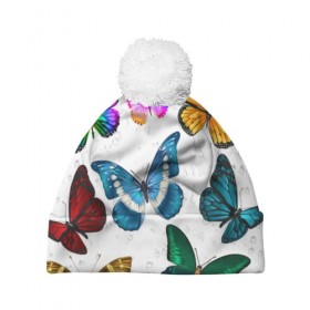 Шапка 3D c помпоном с принтом Разноцветные бабочки , 100% полиэстер | универсальный размер, печать по всей поверхности изделия | бабочки | бабочки и роса | красивые бабочки. | много бабочек | разноцветные бабочки | цветные бабочки