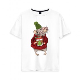 Женская футболка хлопок Oversize с принтом Милая новогодняя мышка с кофе , 100% хлопок | свободный крой, круглый ворот, спущенный рукав, длина до линии бедер
 | 