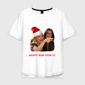 Мужская футболка хлопок Oversize с принтом woman yelling at cat , 100% хлопок | свободный крой, круглый ворот, “спинка” длиннее передней части | Тематика изображения на принте: happy new year | mem | woman yelling at cat | женщина кричит на кота | мем | новый год