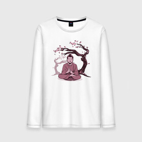 Мужской лонгслив хлопок с принтом Будда Сакура , 100% хлопок |  | buddha | medidate | medidation | sakura | yoga | буда | будда | йога | медитация | сакура | япония