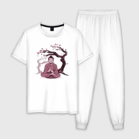 Мужская пижама хлопок с принтом Будда Сакура , 100% хлопок | брюки и футболка прямого кроя, без карманов, на брюках мягкая резинка на поясе и по низу штанин
 | buddha | medidate | medidation | sakura | yoga | буда | будда | йога | медитация | сакура | япония