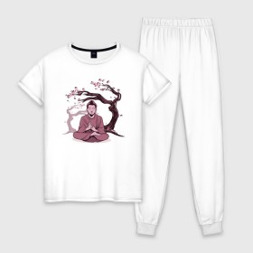 Женская пижама хлопок с принтом Будда Сакура , 100% хлопок | брюки и футболка прямого кроя, без карманов, на брюках мягкая резинка на поясе и по низу штанин | buddha | medidate | medidation | sakura | yoga | буда | будда | йога | медитация | сакура | япония