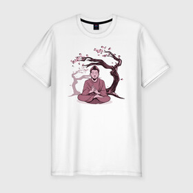 Мужская футболка хлопок Slim с принтом Будда Сакура , 92% хлопок, 8% лайкра | приталенный силуэт, круглый вырез ворота, длина до линии бедра, короткий рукав | buddha | medidate | medidation | sakura | yoga | буда | будда | йога | медитация | сакура | япония