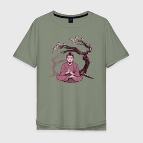 Мужская футболка хлопок Oversize с принтом Будда Сакура , 100% хлопок | свободный крой, круглый ворот, “спинка” длиннее передней части | buddha | medidate | medidation | sakura | yoga | буда | будда | йога | медитация | сакура | япония