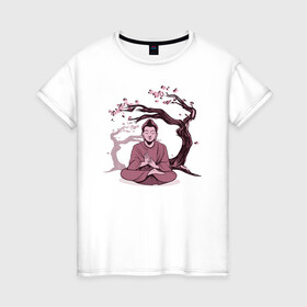 Женская футболка хлопок с принтом Будда Сакура , 100% хлопок | прямой крой, круглый вырез горловины, длина до линии бедер, слегка спущенное плечо | buddha | medidate | medidation | sakura | yoga | буда | будда | йога | медитация | сакура | япония