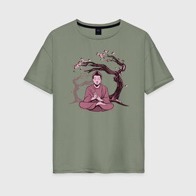 Женская футболка хлопок Oversize с принтом Будда Сакура , 100% хлопок | свободный крой, круглый ворот, спущенный рукав, длина до линии бедер
 | buddha | medidate | medidation | sakura | yoga | буда | будда | йога | медитация | сакура | япония