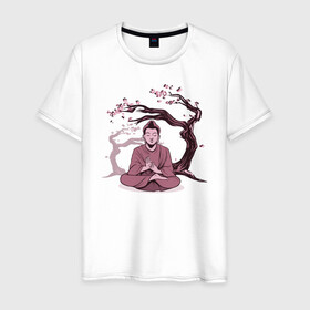 Мужская футболка хлопок с принтом Будда Сакура , 100% хлопок | прямой крой, круглый вырез горловины, длина до линии бедер, слегка спущенное плечо. | buddha | medidate | medidation | sakura | yoga | буда | будда | йога | медитация | сакура | япония