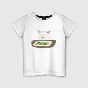 Детская футболка хлопок с принтом Woman Yelling At Cat Meme , 100% хлопок | круглый вырез горловины, полуприлегающий силуэт, длина до линии бедер | cat | cat meme | женщина кричит на кота | интернет | кот | кот мем | котейка | котенок | кошак | мем | приколы