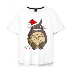 Мужская футболка хлопок Oversize с принтом Новогодний Тоторо , 100% хлопок | свободный крой, круглый ворот, “спинка” длиннее передней части | Тематика изображения на принте: 
