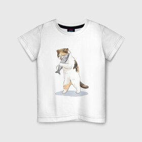 Детская футболка хлопок с принтом Кот с рыбой , 100% хлопок | круглый вырез горловины, полуприлегающий силуэт, длина до линии бедер | cat | cat meme | интернет | кот | кот кусь | кот мем | котейка | котенок | кошак | мем | мем с котом | мемы с котиками | приколы | удивленный кот мем