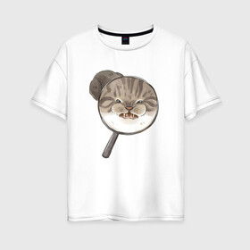 Женская футболка хлопок Oversize с принтом Злой Кот , 100% хлопок | свободный крой, круглый ворот, спущенный рукав, длина до линии бедер
 | cat | cat meme | интернет | кот | кот кусь | кот мем | котейка | котенок | кошак | мем | мем с котом | мемы с котиками | приколы | удивленный кот мем