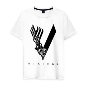 Мужская футболка хлопок с принтом VIKINGS. , 100% хлопок | прямой крой, круглый вырез горловины, длина до линии бедер, слегка спущенное плечо. | series | series vikings | vikings | викинги | сериал | сериал викинги