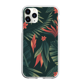 Чехол для iPhone 11 Pro матовый с принтом Тропический комуфляж , Силикон |  | Тематика изображения на принте: букет | бутон | джунгли | зелёный | красный | лепестки | лепесток | лес | листья | папоротник | синий | тропики | цветок