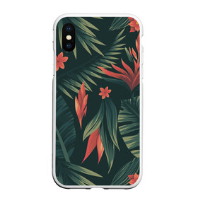 Чехол для iPhone XS Max матовый с принтом Тропический комуфляж , Силикон | Область печати: задняя сторона чехла, без боковых панелей | букет | бутон | джунгли | зелёный | красный | лепестки | лепесток | лес | листья | папоротник | синий | тропики | цветок
