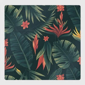 Магнитный плакат 3Х3 с принтом Тропический комуфляж , Полимерный материал с магнитным слоем | 9 деталей размером 9*9 см | букет | бутон | джунгли | зелёный | красный | лепестки | лепесток | лес | листья | папоротник | синий | тропики | цветок