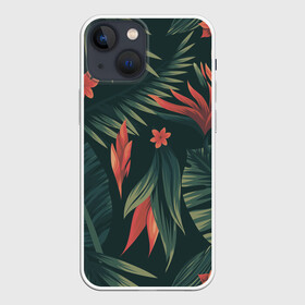 Чехол для iPhone 13 mini с принтом Тропический комуфляж ,  |  | букет | бутон | джунгли | зелёный | красный | лепестки | лепесток | лес | листья | папоротник | синий | тропики | цветок