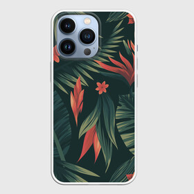 Чехол для iPhone 13 Pro с принтом Тропический комуфляж ,  |  | Тематика изображения на принте: букет | бутон | джунгли | зелёный | красный | лепестки | лепесток | лес | листья | папоротник | синий | тропики | цветок