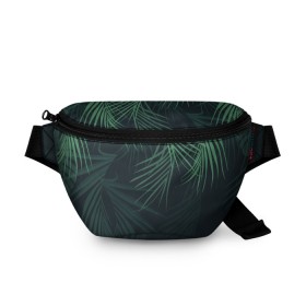 Поясная сумка 3D с принтом Пальмовый узор , 100% полиэстер | плотная ткань, ремень с регулируемой длиной, внутри несколько карманов для мелочей, основное отделение и карман с обратной стороны сумки застегиваются на молнию | джунгли | зелёный | лепестки | лепесток | лес | листья | пальма | пальмы | папоротник | салатовый | тропики | черный