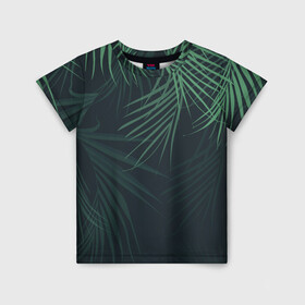 Детская футболка 3D с принтом Пальмовый узор , 100% гипоаллергенный полиэфир | прямой крой, круглый вырез горловины, длина до линии бедер, чуть спущенное плечо, ткань немного тянется | джунгли | зелёный | лепестки | лепесток | лес | листья | пальма | пальмы | папоротник | салатовый | тропики | черный
