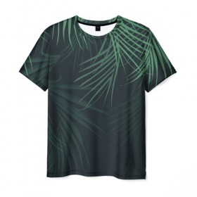 Мужская футболка 3D с принтом Пальмовый узор , 100% полиэфир | прямой крой, круглый вырез горловины, длина до линии бедер | джунгли | зелёный | лепестки | лепесток | лес | листья | пальма | пальмы | папоротник | салатовый | тропики | черный