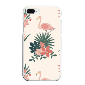 Чехол для iPhone 7Plus/8 Plus матовый с принтом Розовый фламинго и цветы , Силикон | Область печати: задняя сторона чехла, без боковых панелей | Тематика изображения на принте: animal | bird | flamingo | pink | pnik flamingo | животные | папоротник | птицы | розовый | розовый фламинго | фламинго | цветы