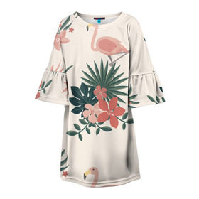 Детское платье 3D с принтом Розовый фламинго и цветы , 100% полиэстер | прямой силуэт, чуть расширенный к низу. Круглая горловина, на рукавах — воланы | animal | bird | flamingo | pink | pnik flamingo | животные | папоротник | птицы | розовый | розовый фламинго | фламинго | цветы