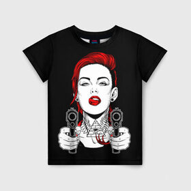 Детская футболка 3D с принтом Woman is holding a gun , 100% гипоаллергенный полиэфир | прямой крой, круглый вырез горловины, длина до линии бедер, чуть спущенное плечо, ткань немного тянется | girl | guns | tattoo | woman | девушка | красотка | масоны | оружие | пистолеты | тату | треугольник