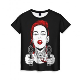 Женская футболка 3D с принтом Woman is holding a gun , 100% полиэфир ( синтетическое хлопкоподобное полотно) | прямой крой, круглый вырез горловины, длина до линии бедер | girl | guns | tattoo | woman | девушка | красотка | масоны | оружие | пистолеты | тату | треугольник