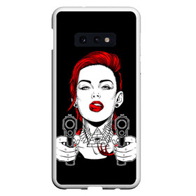 Чехол для Samsung S10E с принтом Woman is holding a gun , Силикон | Область печати: задняя сторона чехла, без боковых панелей | girl | guns | tattoo | woman | девушка | красотка | масоны | оружие | пистолеты | тату | треугольник
